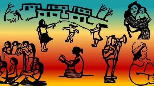 Graphic illustrations of community members playing guitar, jumping rope, reading, and holding a baby.