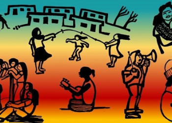 Graphic illustrations of community members playing guitar, jumping rope, reading, and holding a baby.